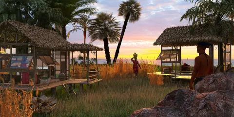 tropical landscape with huts and palm trees showcasing an outdoor relaxation area at sunset using Homestyler's real-time 3D rendering feature for enhancing design proposals