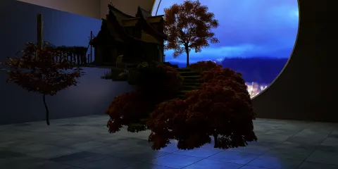 a fantasy-style house surrounded by lush trees creating a whimsical atmosphere in a modern interior space, featuring 3D rendering capabilities of Homestyler for immersive interior design.