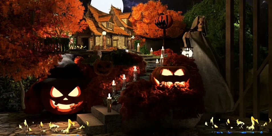 Halloween-themed outdoor space featuring carved pumpkins with glowing faces, surrounded by autumn foliage, showcasing a spooky yet inviting atmosphere, optimized for home decoration inspiration, utilizing Homestyler's real-time 3D rendering feature.