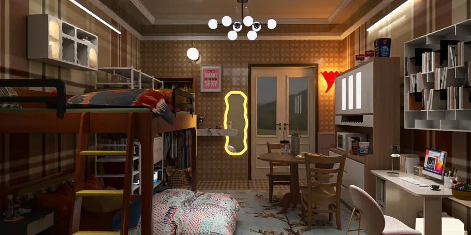 cozy bedroom design featuring a loft bed and study area with a modern style, showcasing a playful atmosphere for kids, utilizing Homestyler's real-time 3D rendering feature.