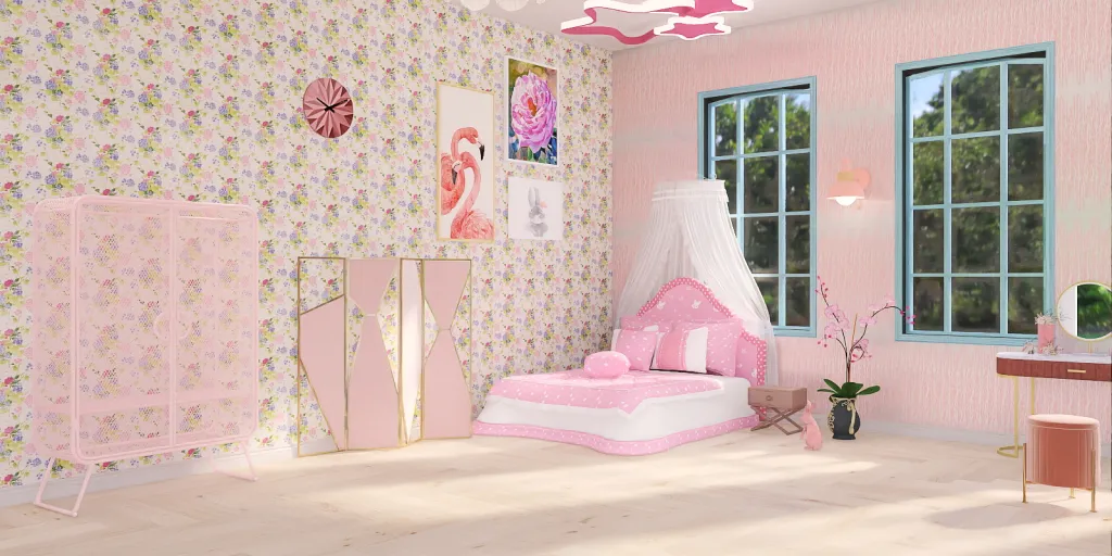 a bedroom with a pink bedspread and a pink wall 