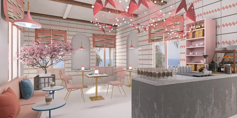 Modern lounge area featuring a cozy seating arrangement with pink accents and decorative elements, designed in a contemporary style, showcasing interior design trends using Homestyler's real-time 3D rendering feature.