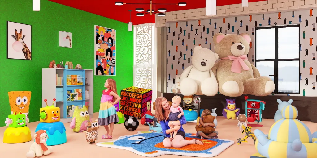 a room with a bunch of stuffed animals on the walls 