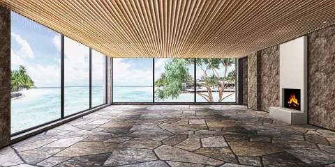 spacious living room with large glass windows featuring a sea view, showcasing a modern design style and highlighting the importance of interior decor, with Homestyler's real-time 3D rendering for quick visual previews.