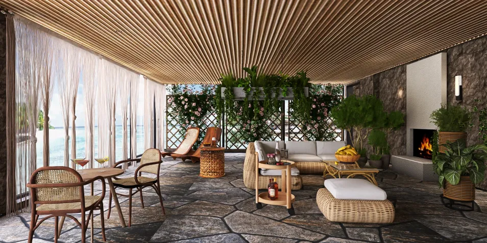 outdoor living area featuring comfortable seating and lush greenery with a natural stone floor, designed using Homestyler's real-time 3D rendering for an engaging interior decor preview.