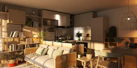 modern living room featuring a cozy sofa and open kitchen design with warm lighting, showcasing a natural aesthetic and greenery, interior decor design using Homestyler's real-time 3D rendering feature for effective space preview.