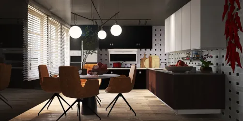 Cozinha personalizada,com acabamento em melamina preto e branco,cadeiras no tom ferrugem