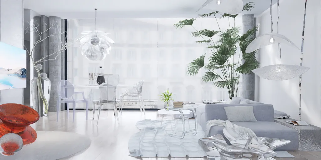a living room with a white couch and a white table 