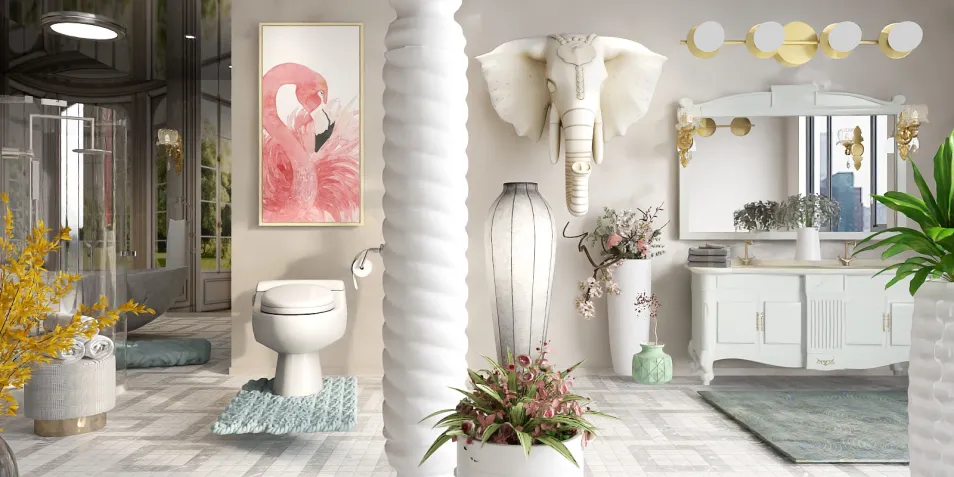 Bathroom design featuring a stylish toilet and elegant mirror arrangement, showcasing modern decor elements with a focus on functionality and aesthetics, utilizing Homestyler's real-time 3D rendering feature.