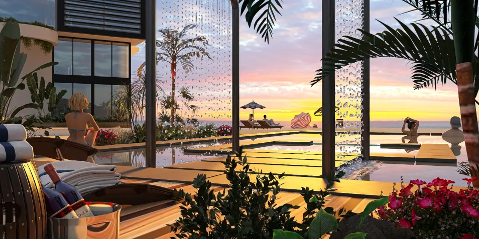 luxurious outdoor pool area showcasing tropical plants and sunset view with relaxing ambiance, featuring Homestyler's real-time 3D rendering for interior design optimization.