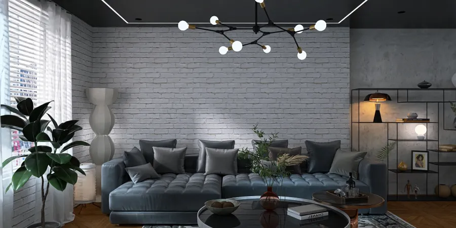a living room with a couch, table, and a lamp 