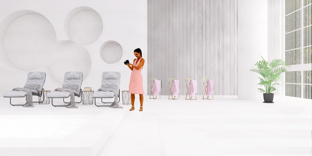a woman standing in a room with a lot of chairs 