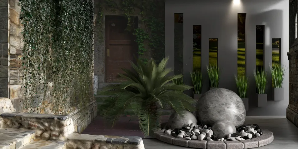 interior garden space featuring stone walls and modern decor enhancing ambiance with greenery and decorative stones using Homestyler's live 3D rendering feature