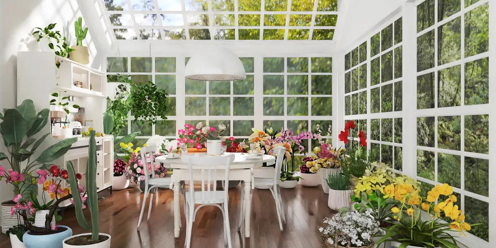 a room with a table and chairs with flowers in them 