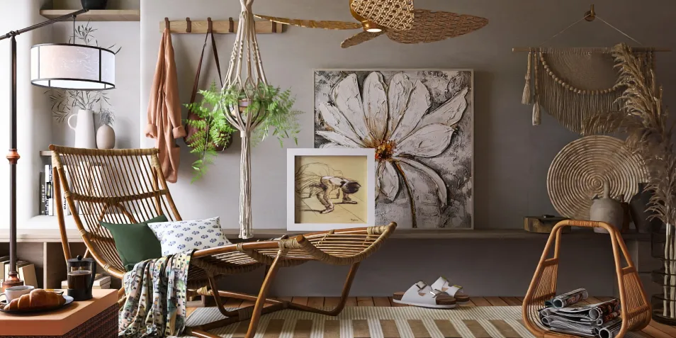 Modern rattan chair arrangement with artistic wall decor in a cozy living room style, showcasing interior design principles while utilizing Homestyler's real-time 3D rendering feature.
