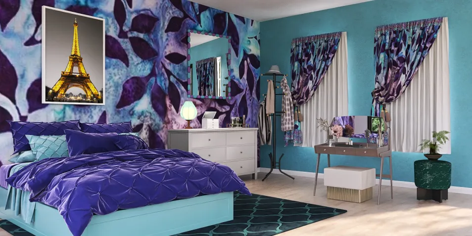 bedroom with purple bedding and floral blue wall design featuring a decorative mirror and furniture arrangement in a modern style, showcasing Homestyler's real-time 3D rendering feature