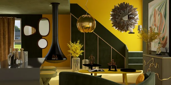 modern living room design featuring bold yellow and green colors with stylish furniture arrangement, showcasing Homestyler's real-time 3D rendering for a vibrant interior decor experience.