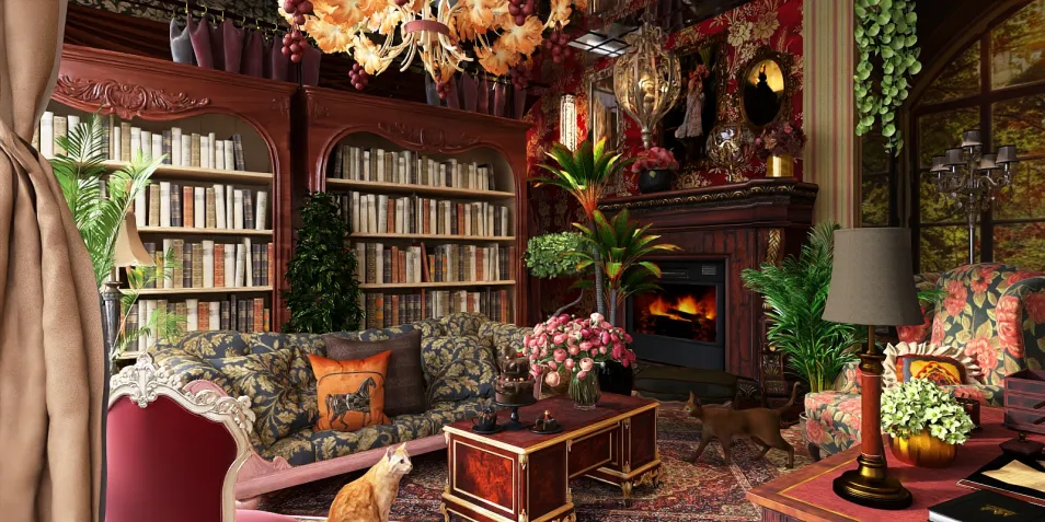 Cozy living room design showcasing a rich, vintage style with plush seating and a decorative fireplace, featuring smart furniture arrangement using Homestyler's interior design tools.