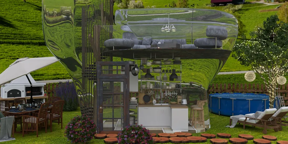 unique transparent home design featuring a modern kitchen and living area surrounded by lush greenery, showcasing a contemporary outdoor space for social gatherings, with the use of Homestyler's real-time 3D rendering.