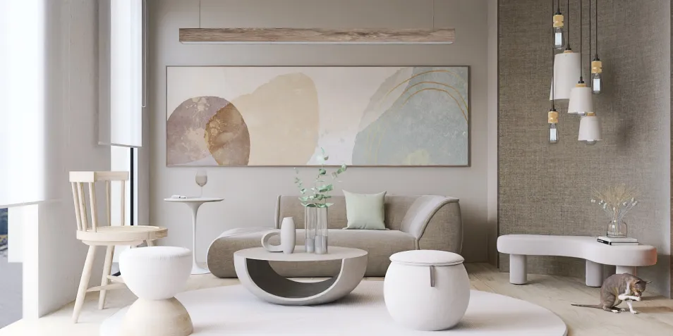 modern living room design featuring minimalist furniture arrangement and a soft color palette with natural elements, showcasing the Homestyler real-time 3D rendering feature for interior decor.