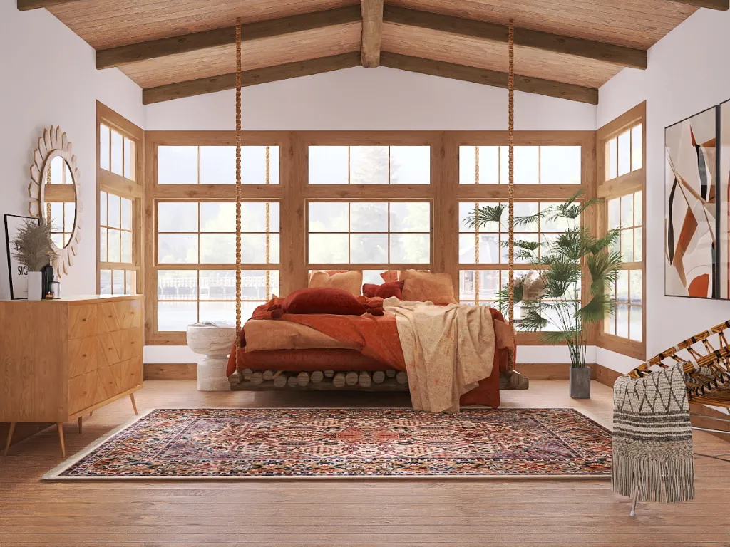 a bed room with a large window and a large window 