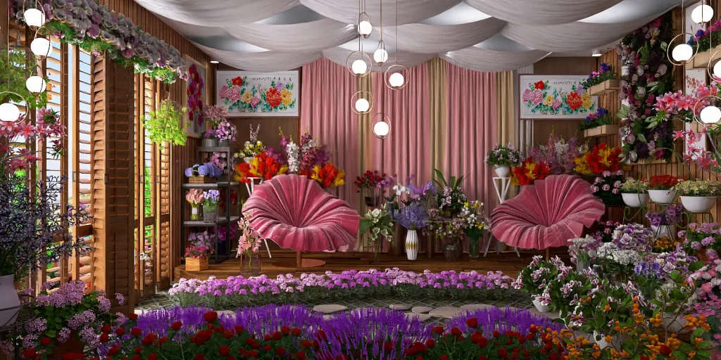 a room filled with colorful flowers and decorations 