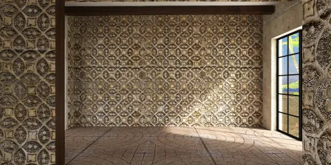 empty interior space featuring intricate patterned walls and a large window allowing natural light, showcasing contemporary design elements with Homestyler's real-time 3D rendering feature