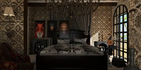 luxurious bedroom featuring a dark wooden bed with intricate bedding, showcasing an elegant chandelier and ornate wallpaper, designed with Homestyler's real-time 3D rendering for smooth design preview.