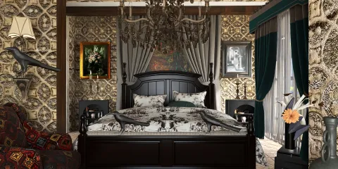 decorative bedroom featuring an elegant bed arrangement styled with vintage wallpaper and classic decor elements, showcasing the homestyler's real-time 3D rendering capability.