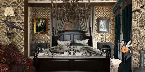 luxurious bedroom design showcasing vintage-style wallpaper and ornate chandelier with floral accents, enhancing the interior decor ambiance using Homestyler's real-time 3D rendering feature.