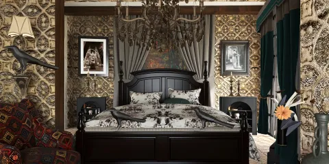 black bed with elaborate bedding in a vintage patterned bedroom featuring intricate wallpaper and dark wood accents, showcasing Homestyler's real-time 3D rendering for a stunning interior design preview.