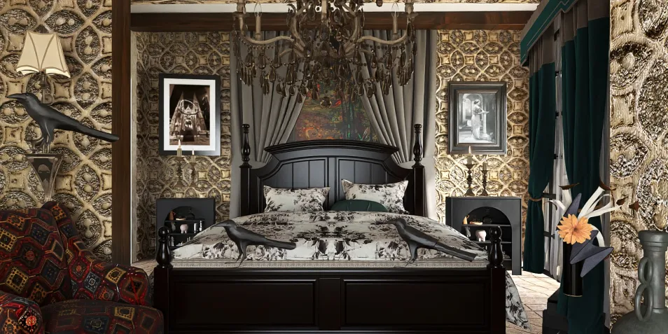 black bed with elaborate bedding in a vintage patterned bedroom featuring intricate wallpaper and dark wood accents, showcasing Homestyler's real-time 3D rendering for a stunning interior design preview.