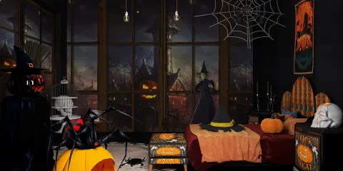 Halloween-themed bedroom design featuring spooky decor and atmospheric lighting, creating a festive mood for the season. Designed using Homestyler's real-time 3D rendering capabilities.