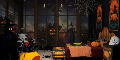 Halloween-themed room with spooky decor featuring a witch, pumpkins, and cobwebs designed in a gothic style, showcasing interior design concepts using Homestyler's real-time 3D rendering feature.