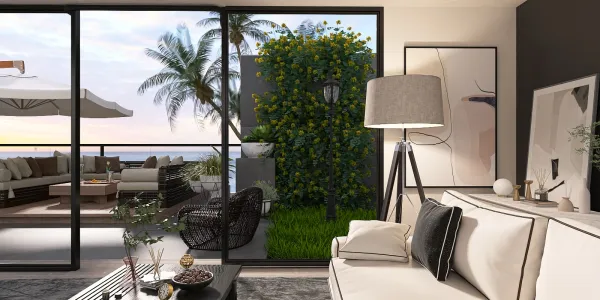 modern living room featuring a cozy sofa and stylish decor with a stunning ocean view, showcasing a vibrant interior design and utilizing Homestyler's real-time 3D rendering for a realistic preview.