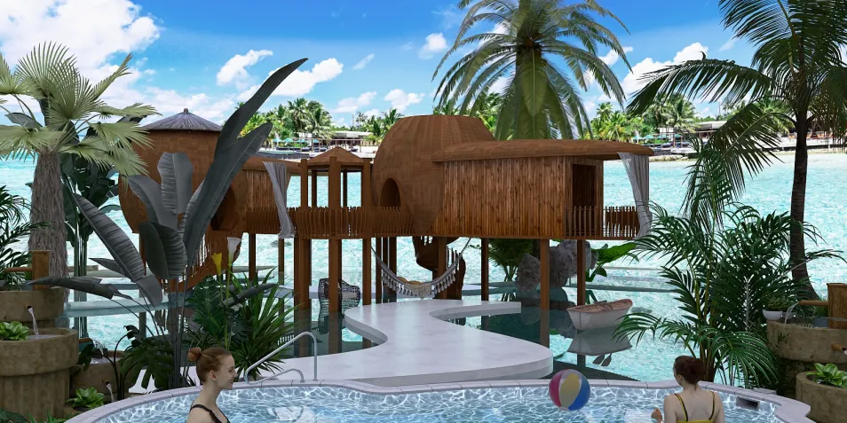 A tropical resort with wooden structures and palm trees, featuring a pool area and a water view, showcasing interior decor design concepts for a serene outdoor space. Utilizing Homestyler's real-time 3D rendering for design proposals.