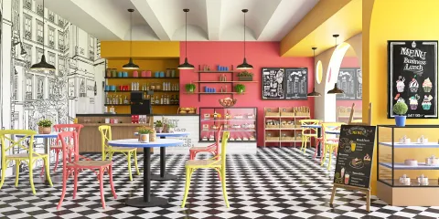 Colorful café interior featuring vibrant yellow, pink, and black and white elements, showcasing smart furniture arrangement for optimizing small commercial spaces with Homestyler's real-time 3D rendering feature.