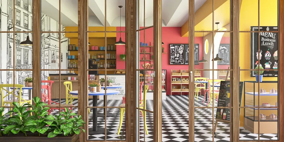 colorful café interior design with vibrant furniture arrangement and retro style showcasing a lively atmosphere, utilizing Homestyler's real-time 3D rendering feature for visualizing renovation proposals.