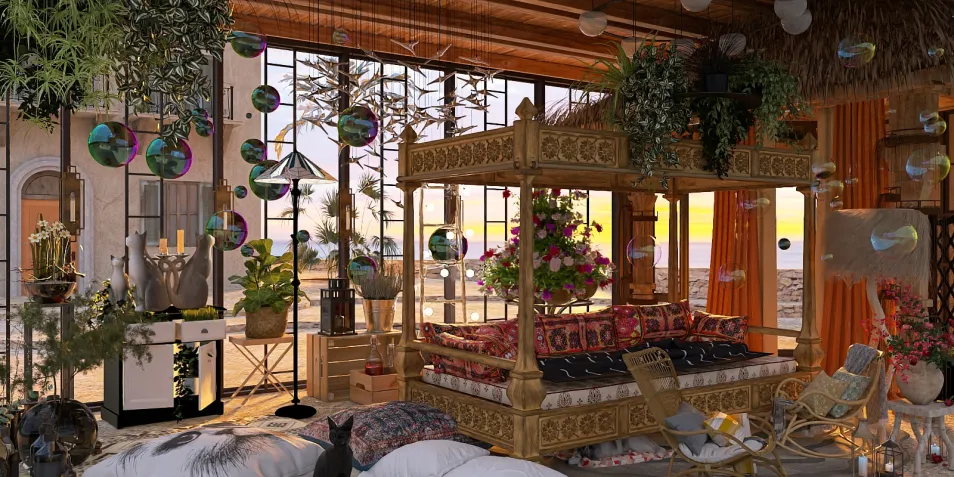 luxurious four-poster bed designed in bohemian style with floral accents in a vibrant coastal bedroom space, featuring Homestyler's real-time 3D rendering for an impressive decor preview