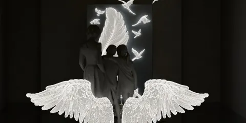 three figures admiring a luminous angel wing mural in a modern gallery style space with a focus on artistic expression using Homestyler's real-time 3D rendering feature