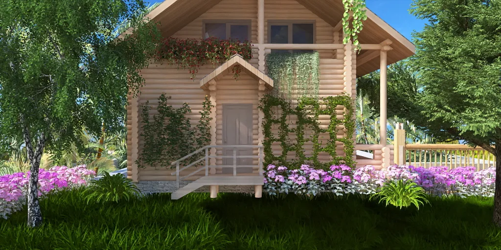 a house with a flower garden and a large window 