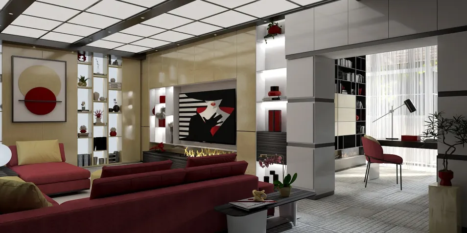 modern living room design showcasing a stylish sectional sofa and elegant decor elements featuring a minimalist art piece, utilizing Homestyler's real-time 3D rendering for an immersive interior visualization.