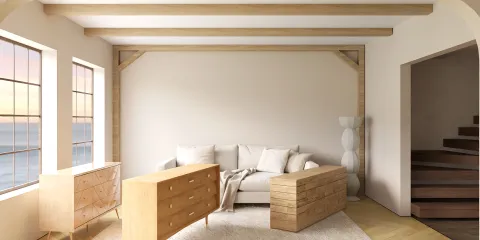 minimalistic living room featuring wooden furniture arrangement in a cozy coastal style showcasing interior decor with real-time 3D rendering functionality by Homestyler.