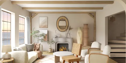 modern living room featuring cozy furniture arrangement with natural materials, designed using Homestyler's real-time 3D rendering for visualizing interior decor.