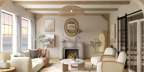 modern living room featuring cozy furniture arrangement with a neutral color palette, designed using Homestyler's real-time 3D rendering for interior decor visualization.