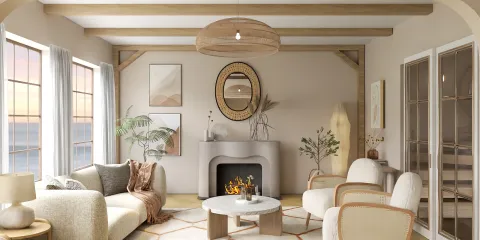 cozy living room design featuring a modern fireplace with soft lighting and neutral tones, showcasing an inviting atmosphere; enhanced by Homestyler's real-time 3D rendering feature for quick visualization of interior decor.