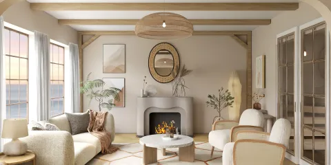 living room with cozy furniture arrangement featuring a fireplace and modern decor, designed in a contemporary style, showcasing a stylish interior decor concept using Homestyler's real-time 3D rendering feature.
