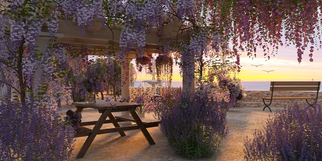 a bench in a garden with flowers 