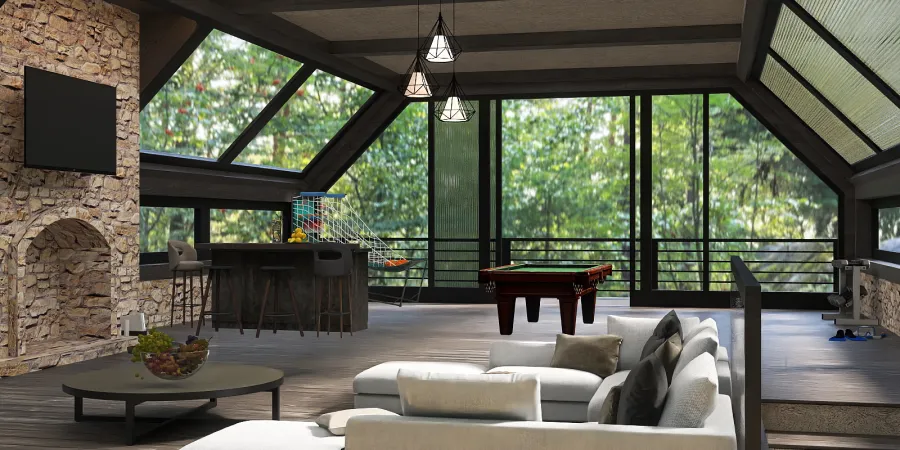 a living room with a large window and a large patio 