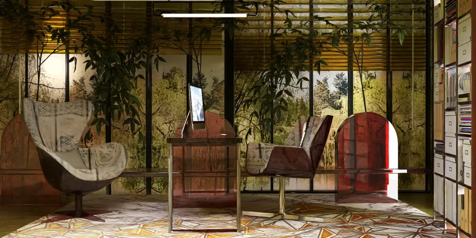 modern lounge chairs arranged around a sleek desk in a vibrant workspace featuring nature-themed wallpaper and plants, showcasing interior decor design with Homestyler's real-time 3D rendering functionality.